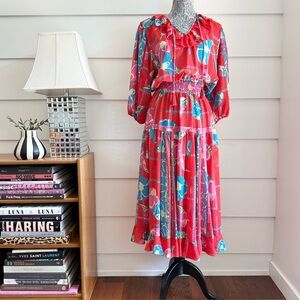 Diane Freis Floral Georgette Midi Dress 80s Vintage Dress